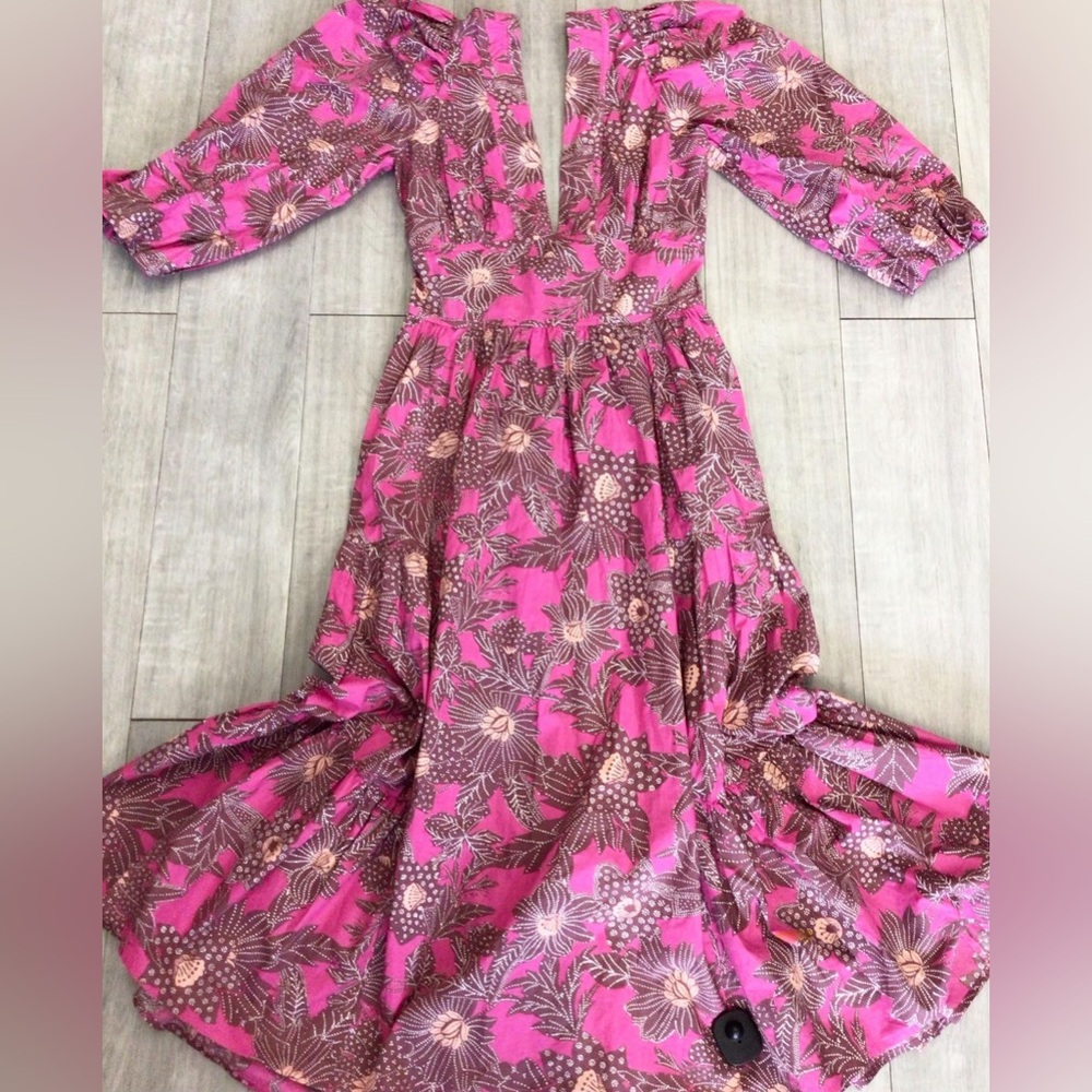 House of Harlow Puff sleeve Plunge V-Neck Open Back Smocked Maxi Dress Size L